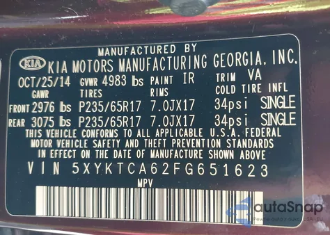 2015 Kia Sorento Lx from USA, damaged, VIN 5XYKTCA62FG651623